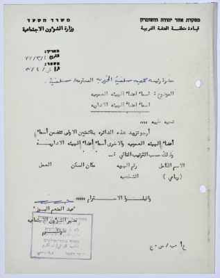 رسالة إلى رئيسة جمعية سلفيت الخيرية من مدير الشؤون الاجتماعية التابع للحكم العسكري الصهيوني في الضفة الغربية