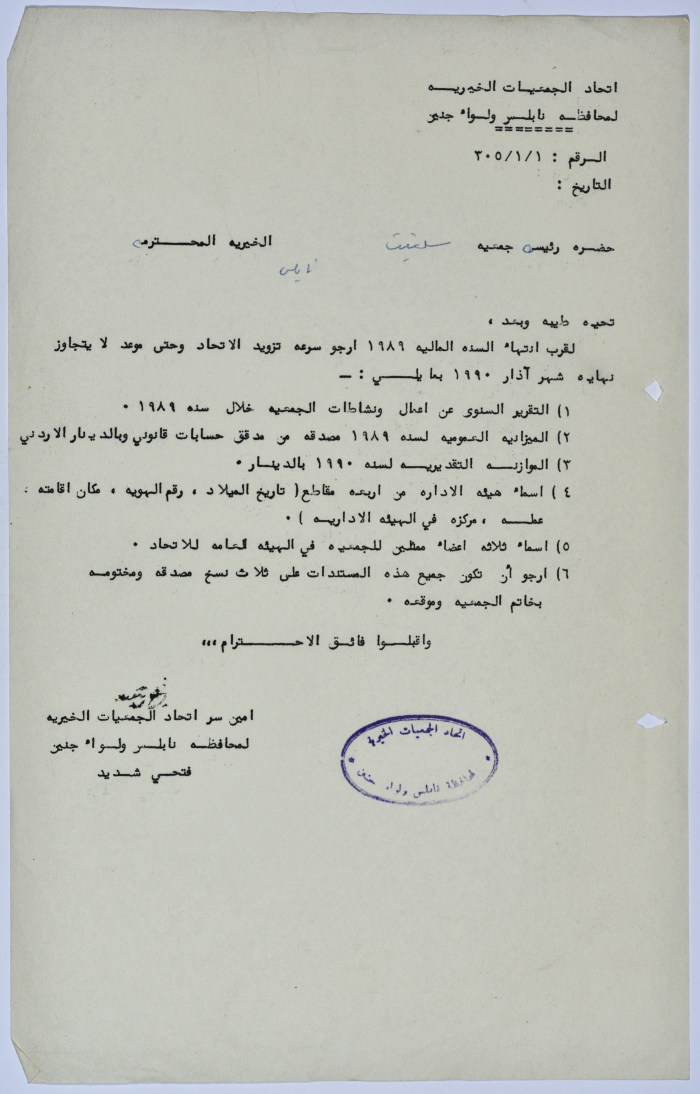 Letter from the Federation of Charitable Associations to Salfeet Women Charity regarding the end of the fiscal year for 1989