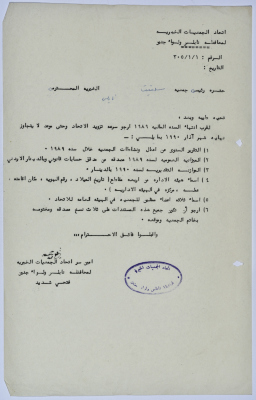 Letter from the Federation of Charitable Associations to Salfeet Women Charity regarding the end of the fiscal year for 1989
