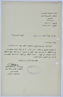 رسالة من اتحاد الجمعيات الخيرية لمحافظة نابلس ولواء جنين إلى جمعية سلفيت الخيرية بخصوص احتياجات الجمعية 