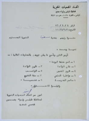 رسالة من اتحاد الجمعيات الخيرية لمحافظة نابلس ولواء جنين إلى جمعية سلفيت الخيرية 
