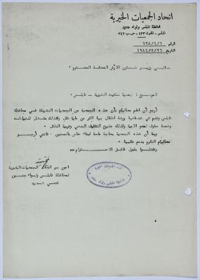 رسالة من اتحاد الجمعيات الخيرية لمحافظة نابلس ولواء جنين إلى وزير شؤون المحتلة بخصوص تقديم دعم لجمعية سلفيت الخيرية  