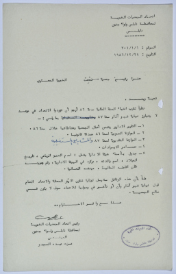 رسالة من اتحاد الجمعيات الخيرية إلى جمعية سلفيت الخيرية لانتهاء السنة المالية لعام 1986 