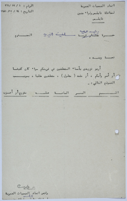 Letter from the Federation of Charitable Associations in Nablus province and Jenin District to Salfeet Women Charity regarding the names of people with special needs