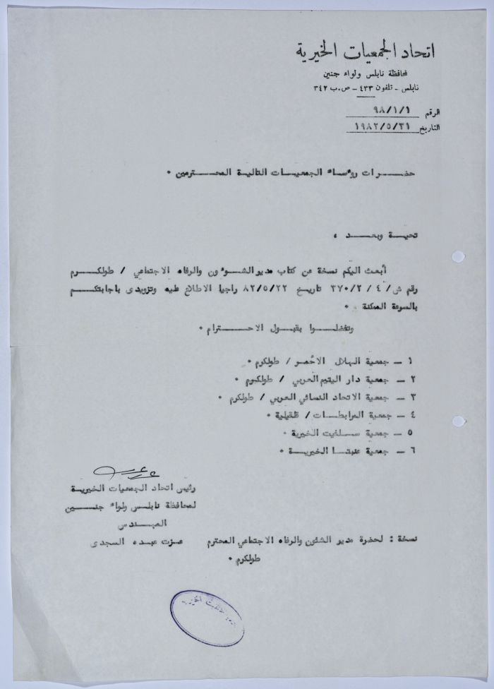 Letter from the Federation of Charitable Associations to Nablus province and Jenin district to a number of associations’ managers regarding a letter from the Director of Social Affairs and Welfare