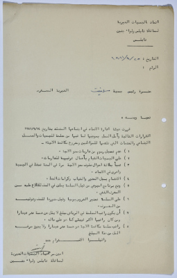 رسالة من اتحاد الجمعيات الخيرية لمحافظة نابلس ولواء جنين إلى جمعية سلفيت الخيرية تتضمن مجموعة من القرارات حول العمل الاجتماعي والخدمات التي تقدمها الجمعيات الخيرية 