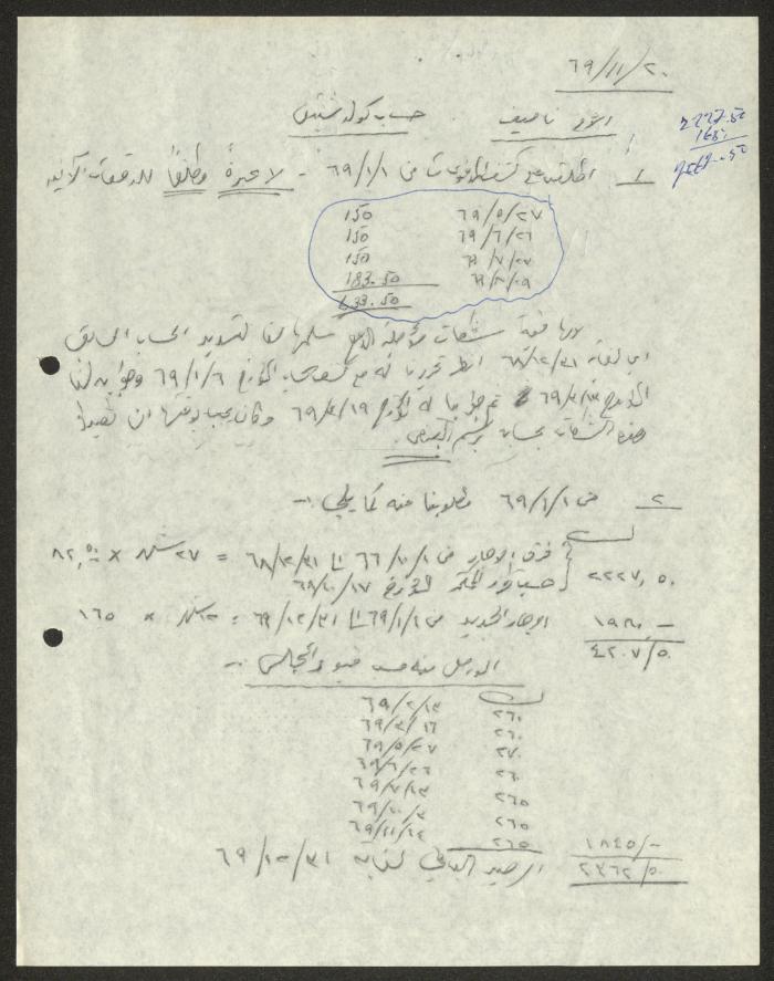 حسابات المستأجر جولد شنتين، حيفا، 20 تشرين الأول 1969