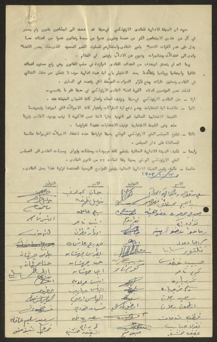 The Minutes of a Meeting of the Administrative Body of the Orthodox Club, Haifa  