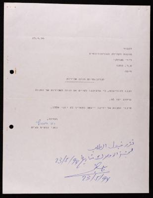 رسالة إلى المجلس الملي الأرثوذكسي من روني تسفعيم، حيفا، 25 نيسان 1994