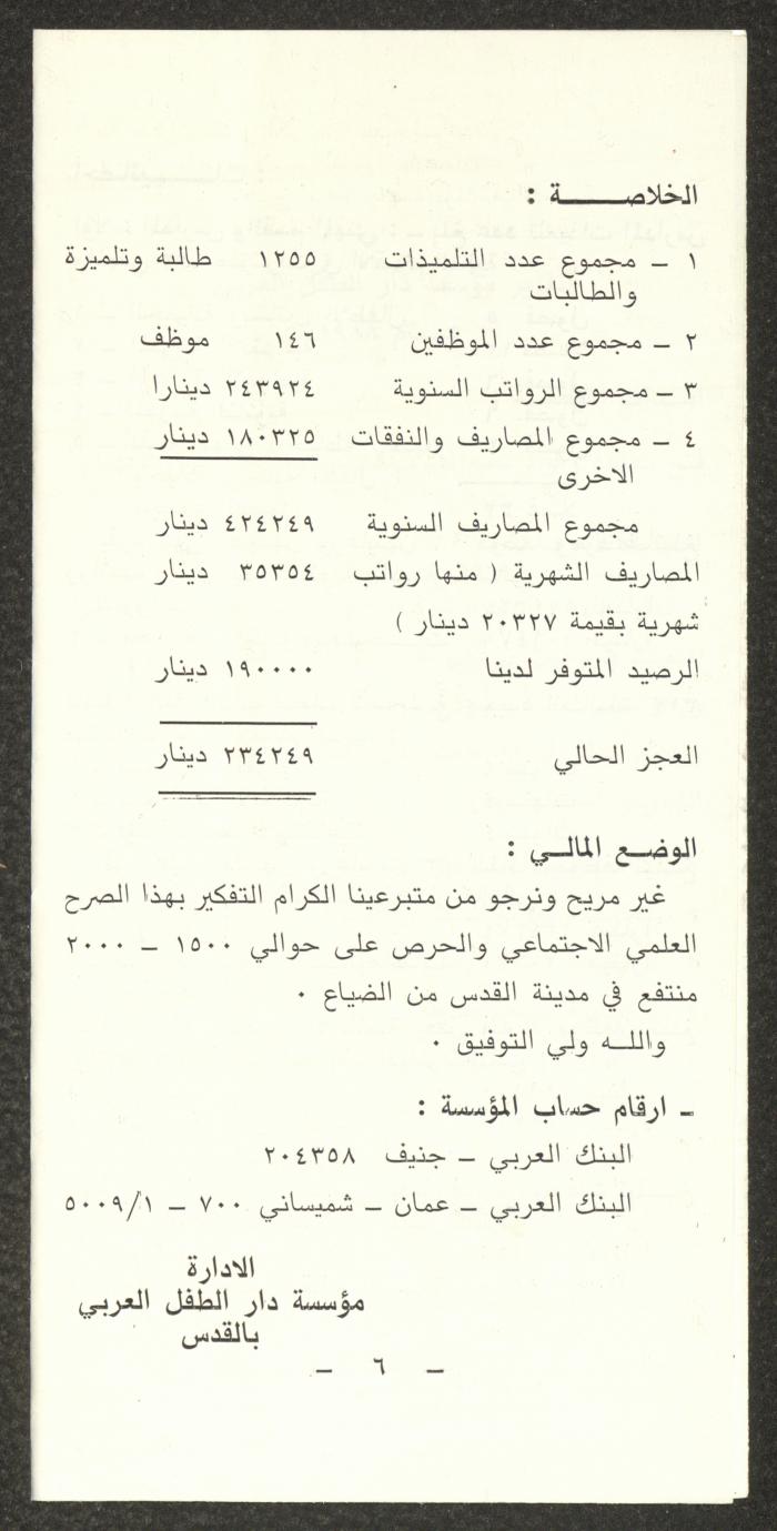 A General Report by Dar al-Tifl al-Arabi, Jerusalem, 1988
