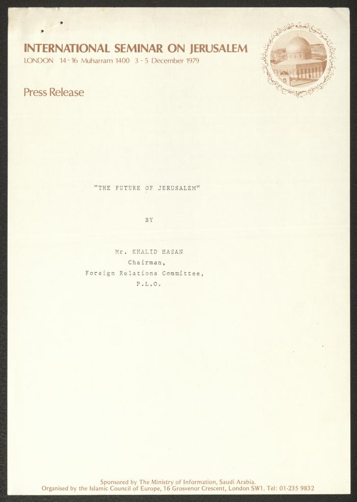 An Invitation to Anwar Nusseibeh to Attend the International Seminar on Jerusalem, London, 1979