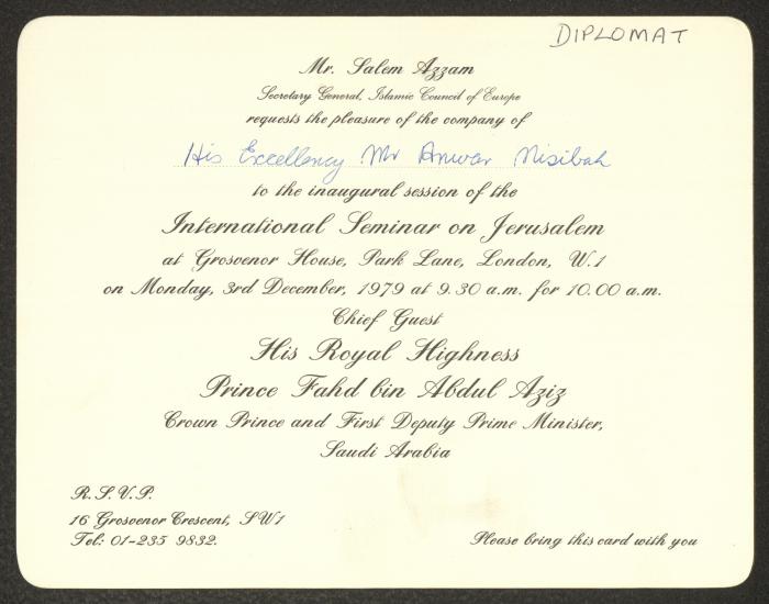 An Invitation to Anwar Nusseibeh to Attend the International Seminar on Jerusalem, London, 1979