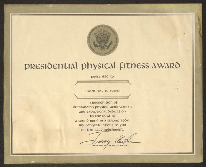 The Presidential Physical Fitness Award Given to Rasim Yunis, Washington, the 1980s 