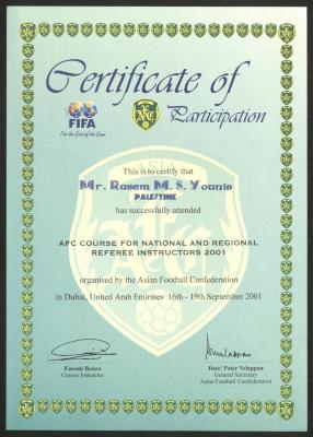 A Certificate from the Asian Football Confederation to Rasim Yunis, Dubai, September 2001