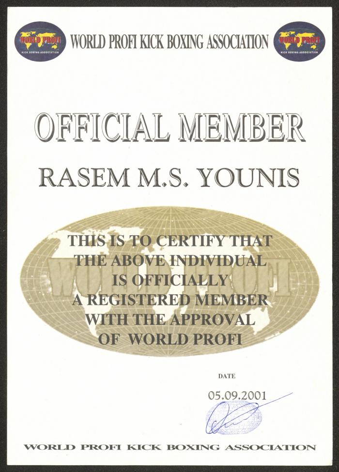 Rasim Yunis' Membership Certificate by the World Professional Kick Boxing Association, 2001