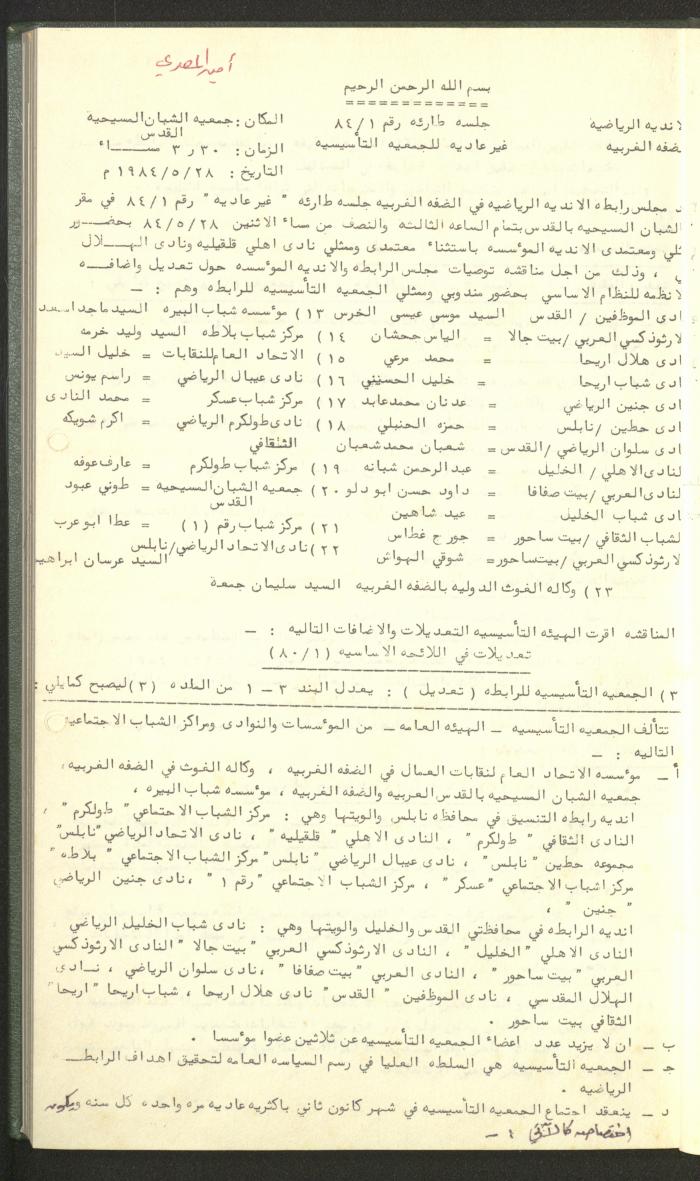 Documents of the Association of Sports Clubs in the West Bank, 1980-1984