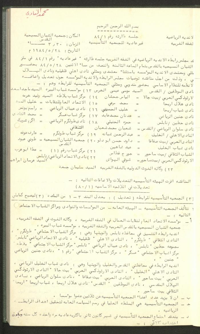 Documents of the Association of Sports Clubs in the West Bank, 1980-1984