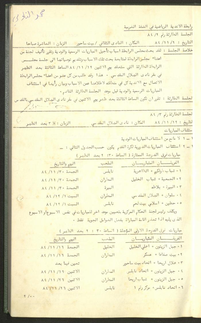 Documents of the Association of Sports Clubs in the West Bank, 1980-1984