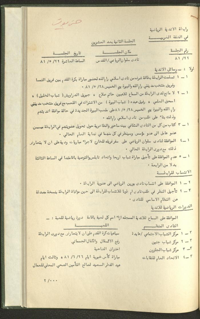Documents of the Association of Sports Clubs in the West Bank, 1980-1984
