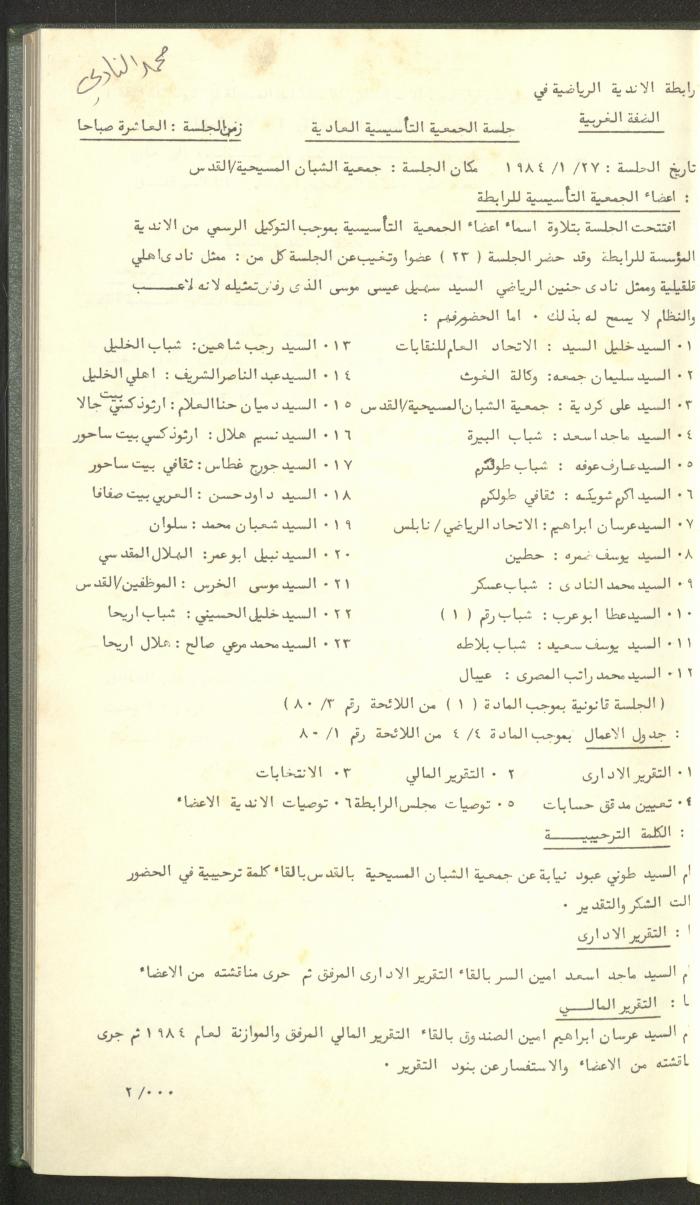 Documents of the Association of Sports Clubs in the West Bank, 1980-1984