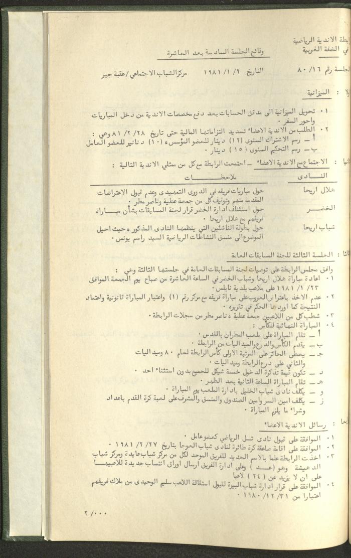 Documents of the Association of Sports Clubs in the West Bank, 1980-1984