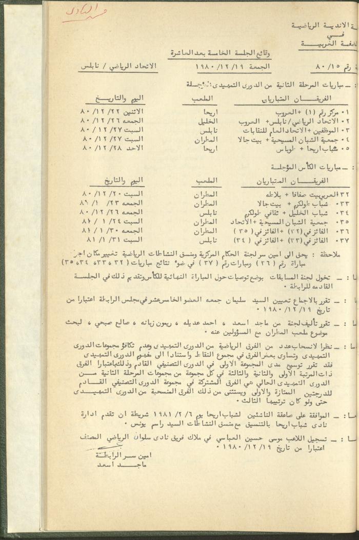 Documents of the Association of Sports Clubs in the West Bank, 1980-1984