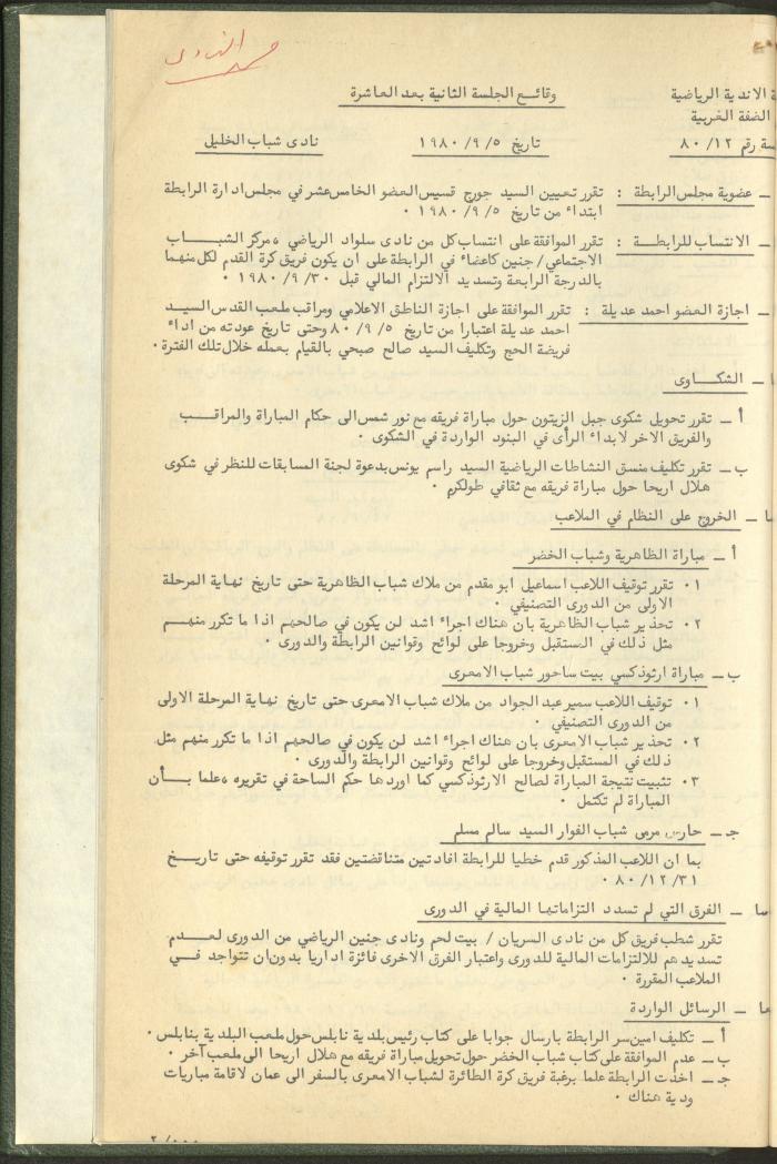 Documents of the Association of Sports Clubs in the West Bank, 1980-1984