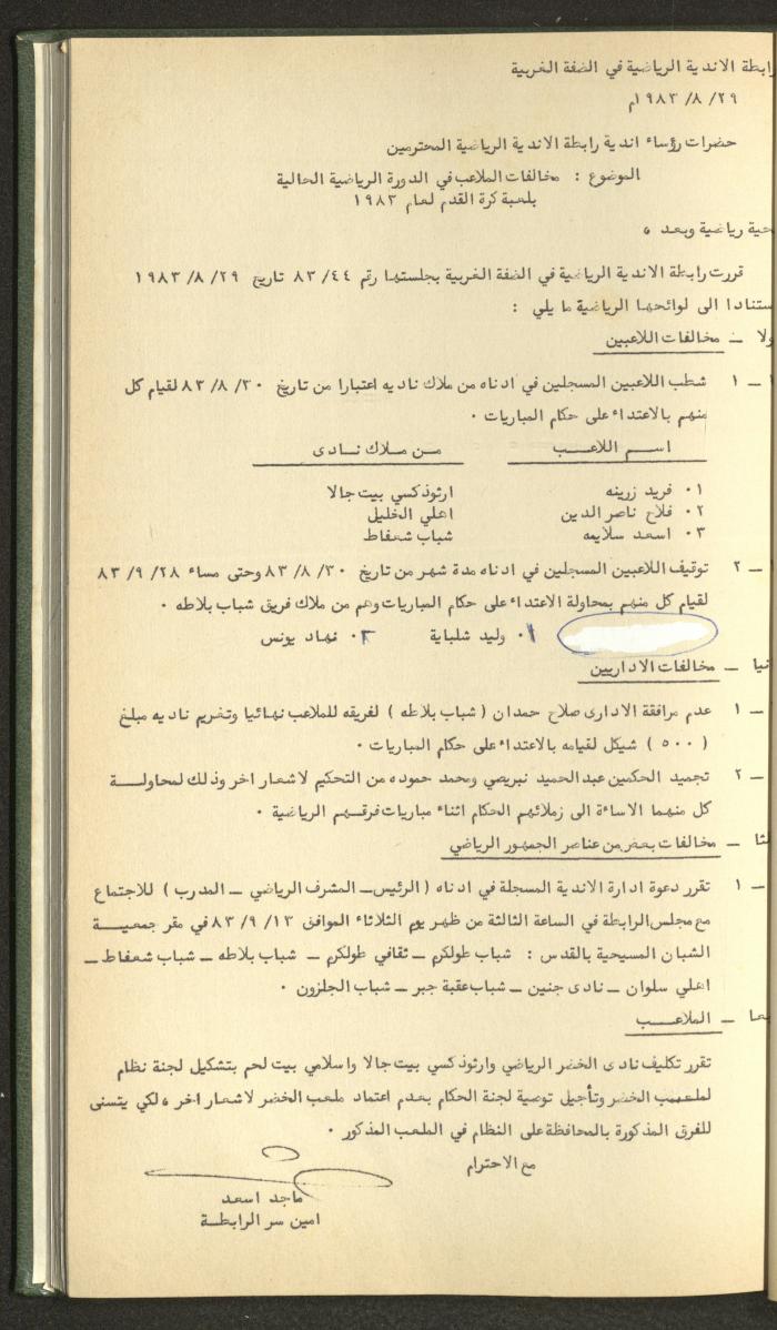 Documents of the Association of Sports Clubs in the West Bank, 1980-1984