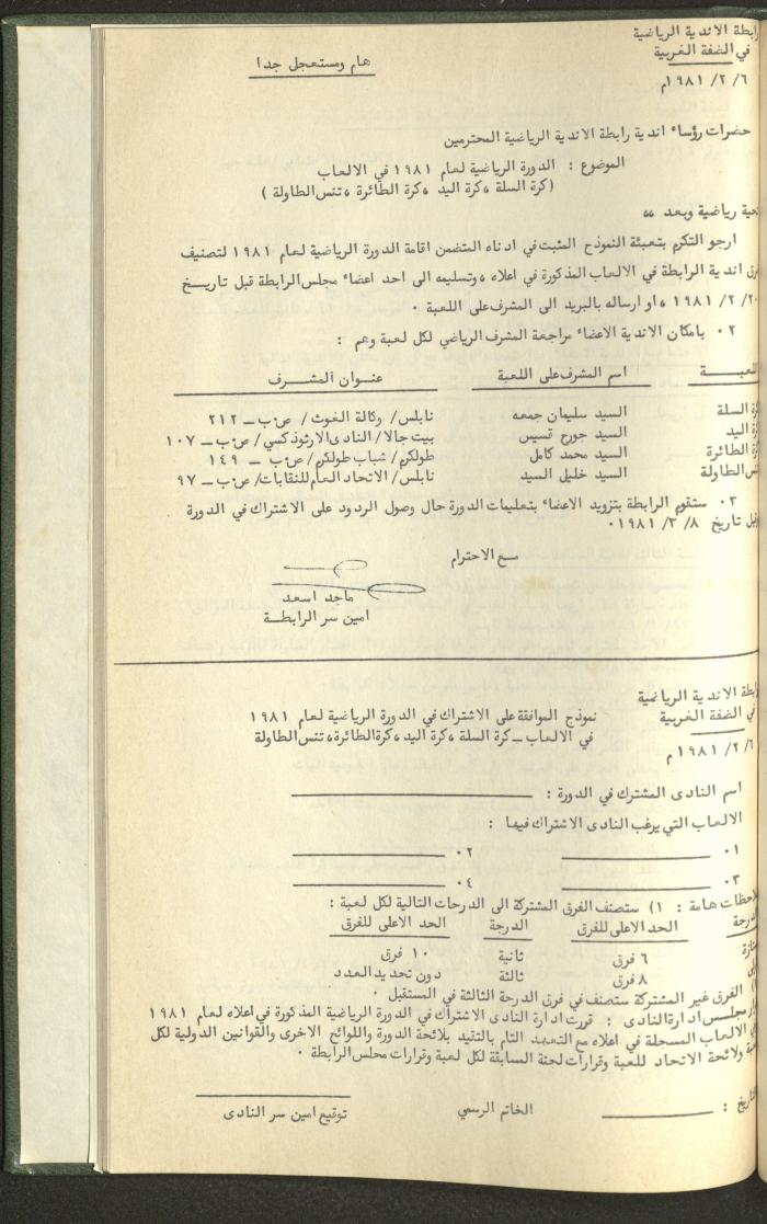 Documents of the Association of Sports Clubs in the West Bank, 1980-1984