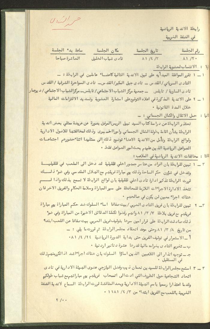 Documents of the Association of Sports Clubs in the West Bank, 1980-1984