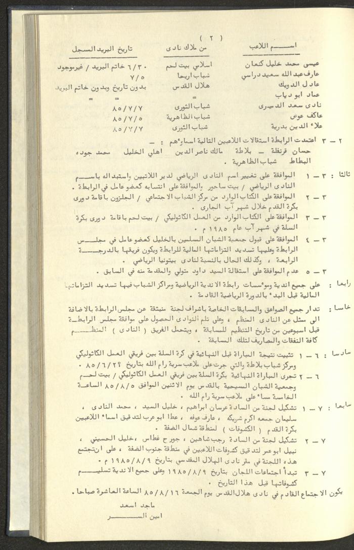 كتاب رابطة الأندية الرياضية في الضفة الغربية، 1984-1987