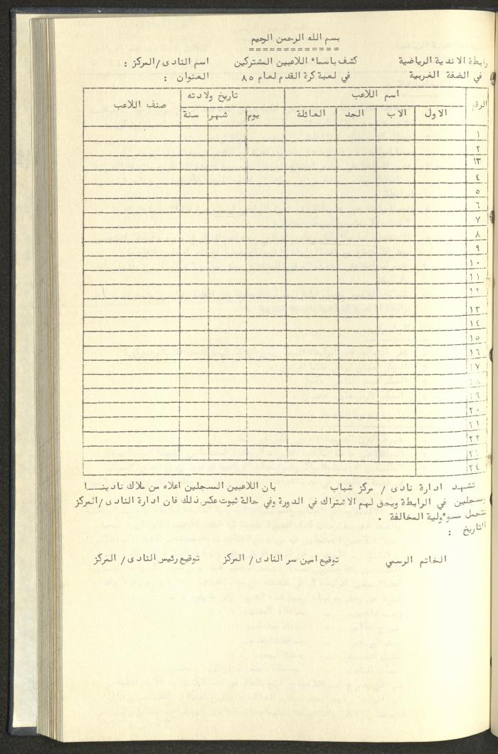 كتاب رابطة الأندية الرياضية في الضفة الغربية، 1984-1987