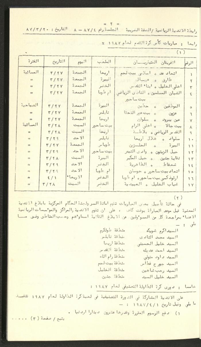 كتاب رابطة الأندية الرياضية في الضفة الغربية، 1984-1987