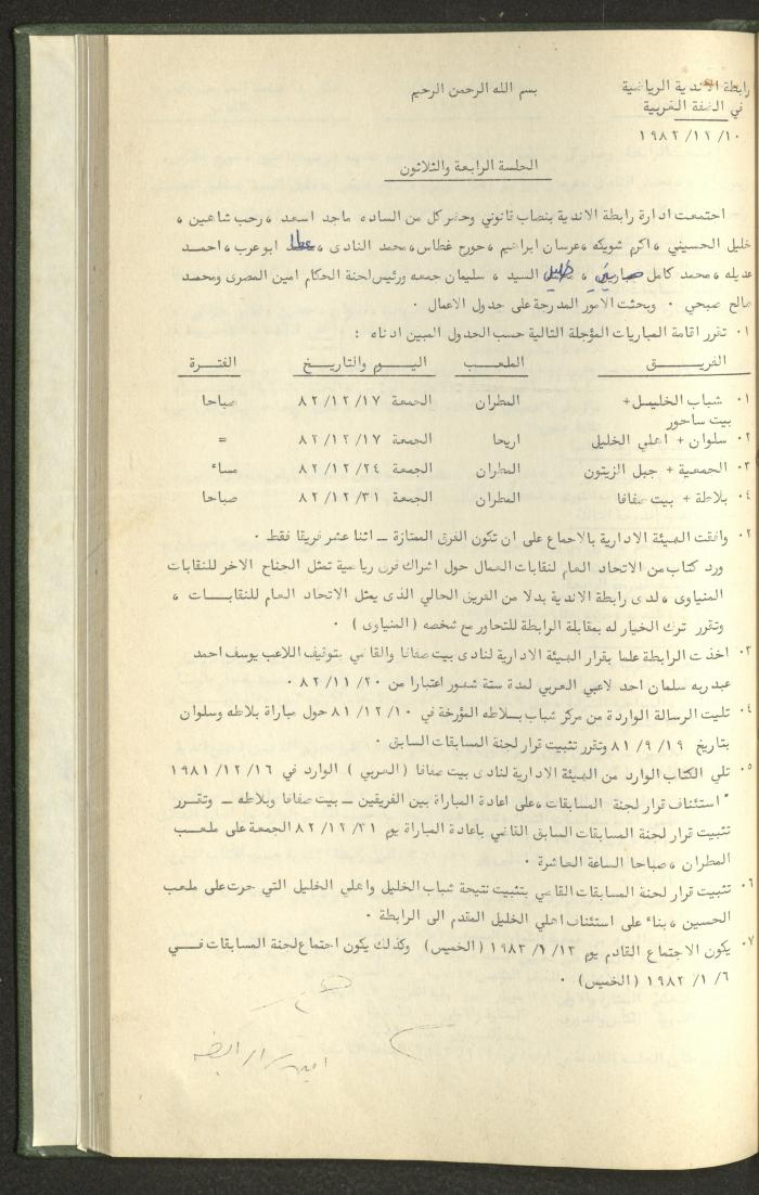 Documents of the Association of Sports Clubs in the West Bank, 1980-1984