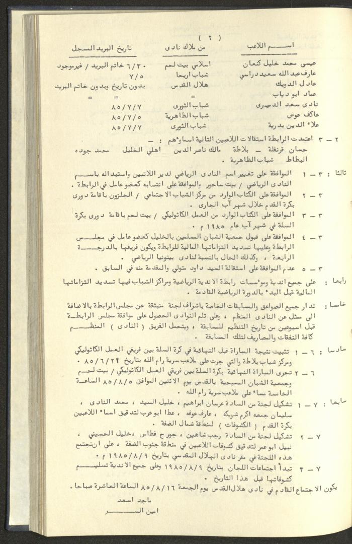 كتاب رابطة الأندية الرياضية في الضفة الغربية، 1984-1987