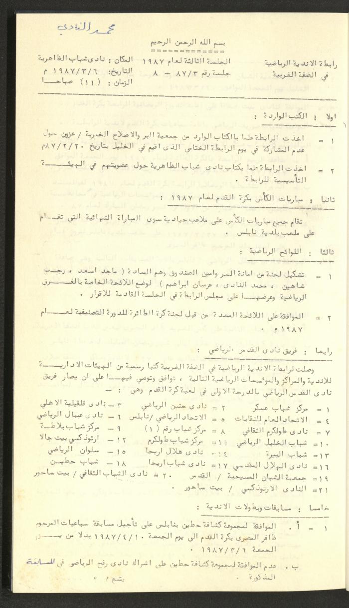 كتاب رابطة الأندية الرياضية في الضفة الغربية، 1984-1987