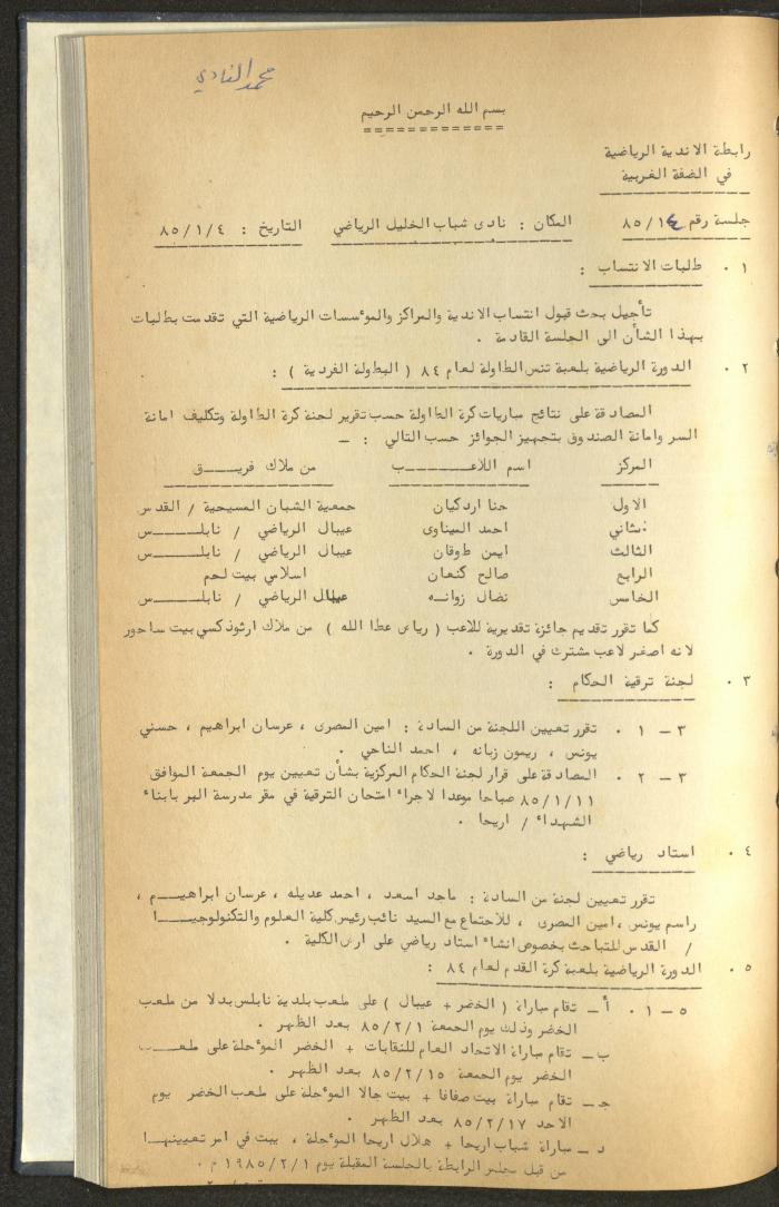كتاب رابطة الأندية الرياضية في الضفة الغربية، 1984-1987