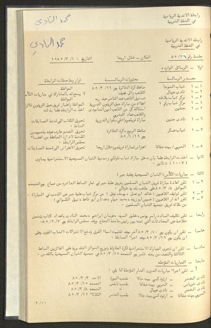 كتاب رابطة الأندية الرياضية في الضفة الغربية، 1984-1987