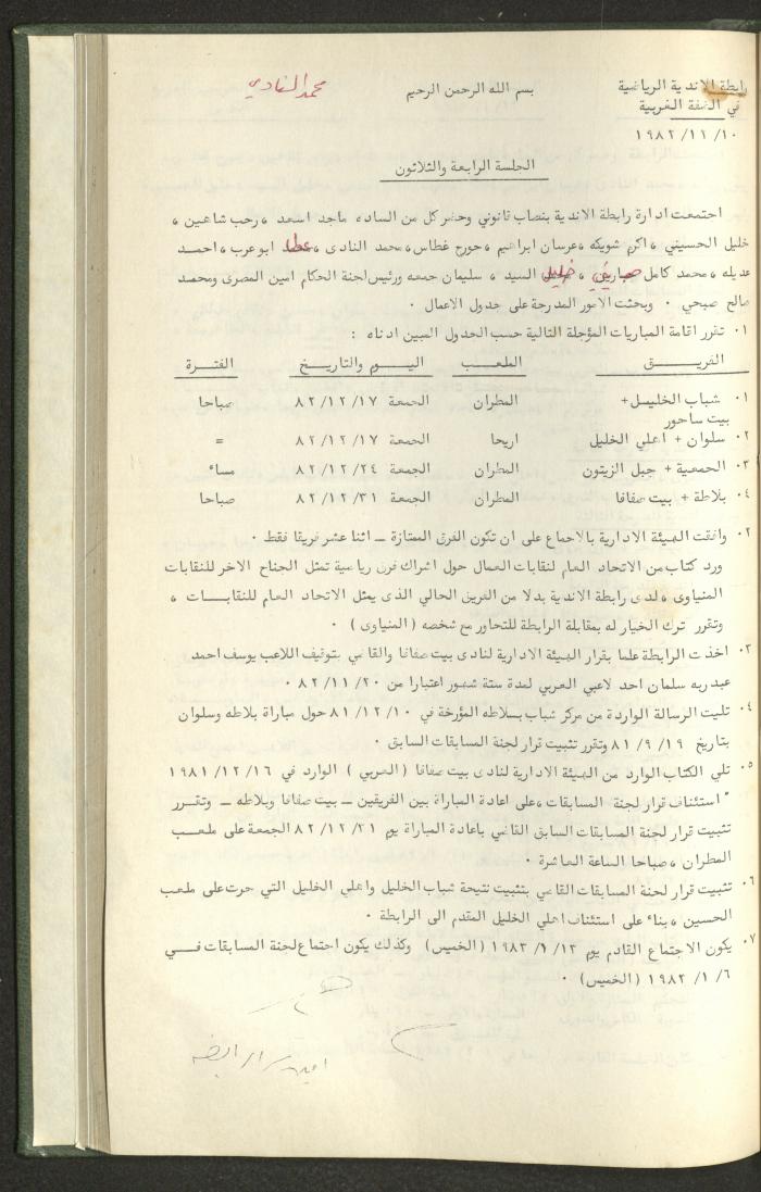 Documents of the Association of Sports Clubs in the West Bank, 1980-1984