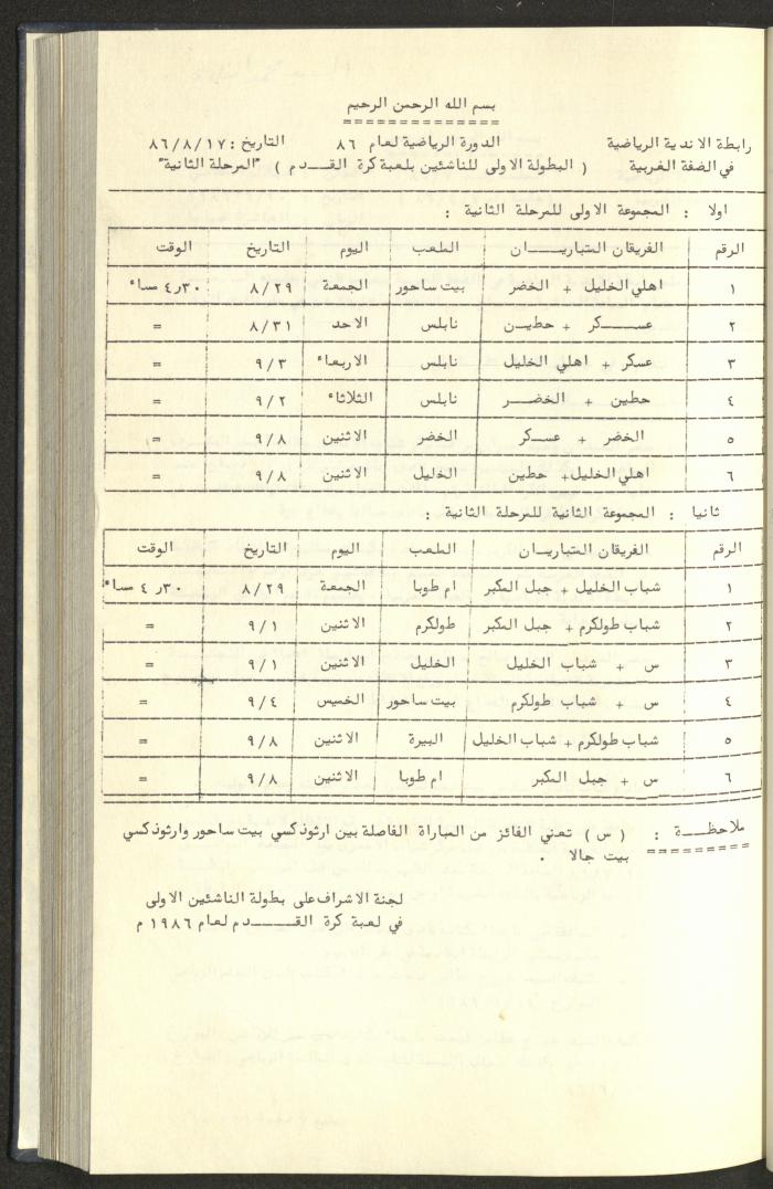 كتاب رابطة الأندية الرياضية في الضفة الغربية، 1984-1987