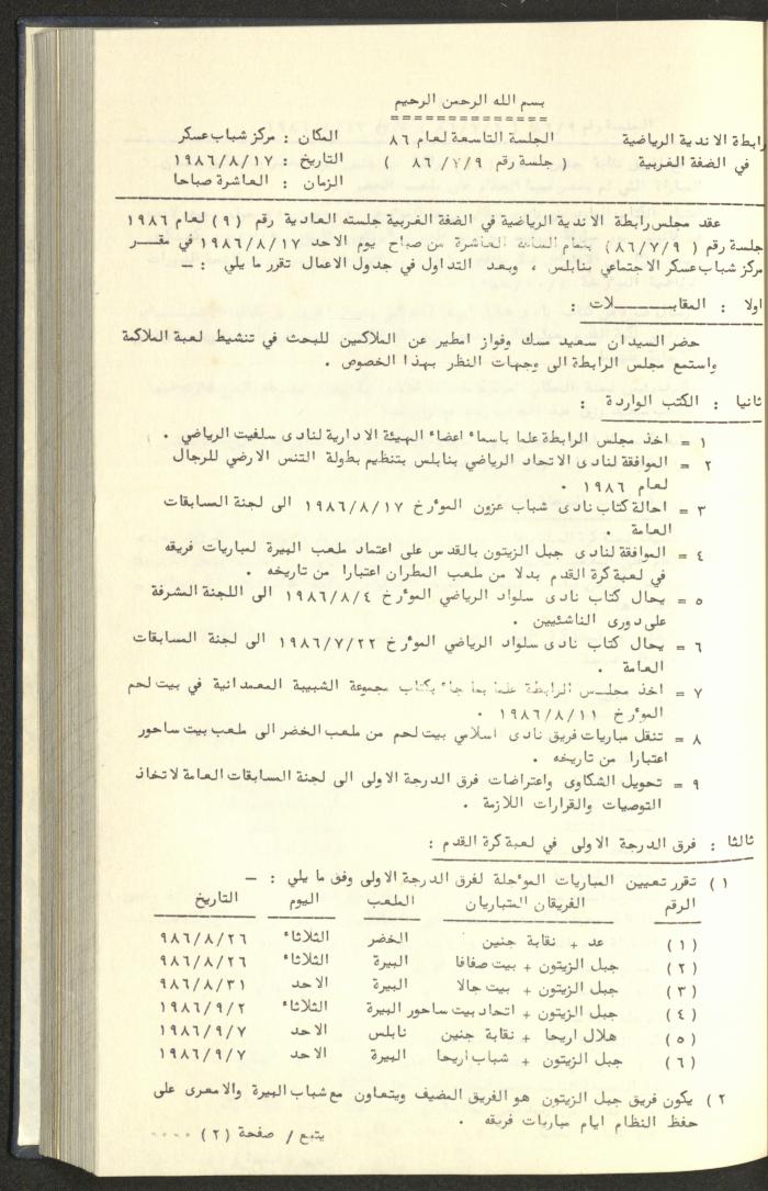 كتاب رابطة الأندية الرياضية في الضفة الغربية، 1984-1987