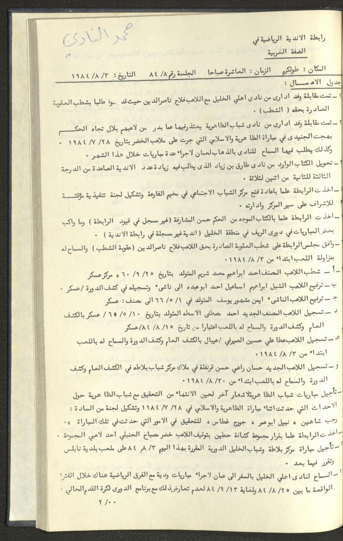كتاب رابطة الأندية الرياضية في الضفة الغربية، 1984-1987