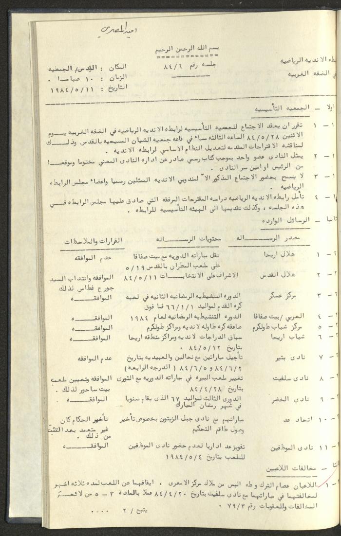 كتاب رابطة الأندية الرياضية في الضفة الغربية، 1984-1987