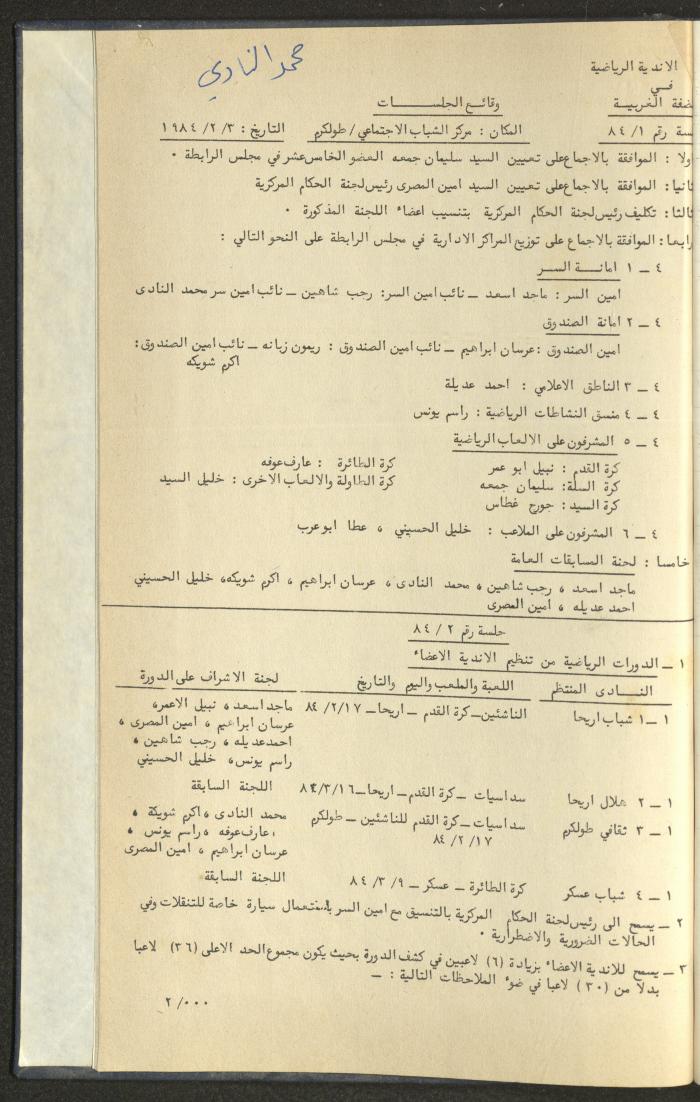 كتاب رابطة الأندية الرياضية في الضفة الغربية، 1984-1987