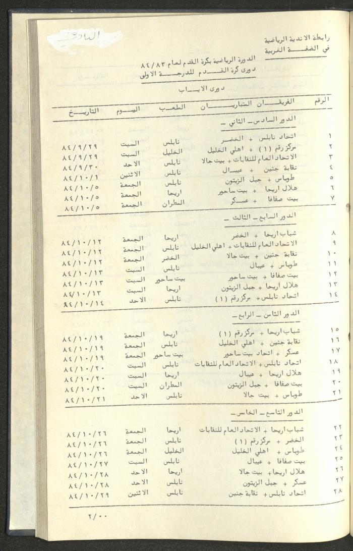 كتاب رابطة الأندية الرياضية في الضفة الغربية، 1984-1987