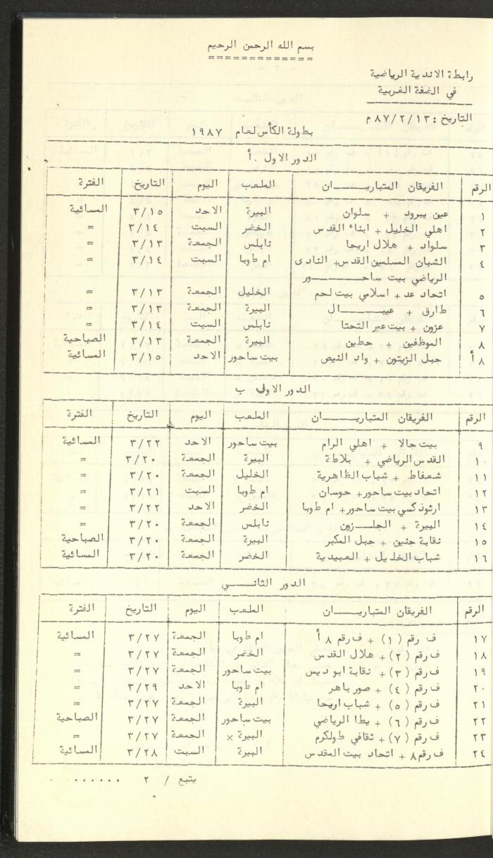 كتاب رابطة الأندية الرياضية في الضفة الغربية، 1984-1987