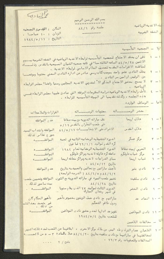 كتاب رابطة الأندية الرياضية في الضفة الغربية، 1984-1987