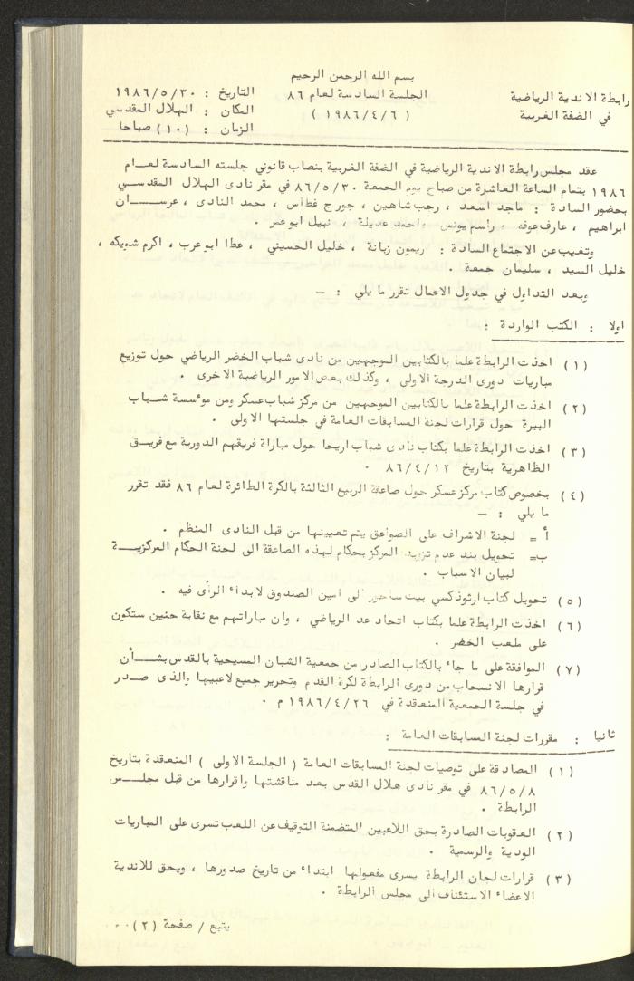 كتاب رابطة الأندية الرياضية في الضفة الغربية، 1984-1987