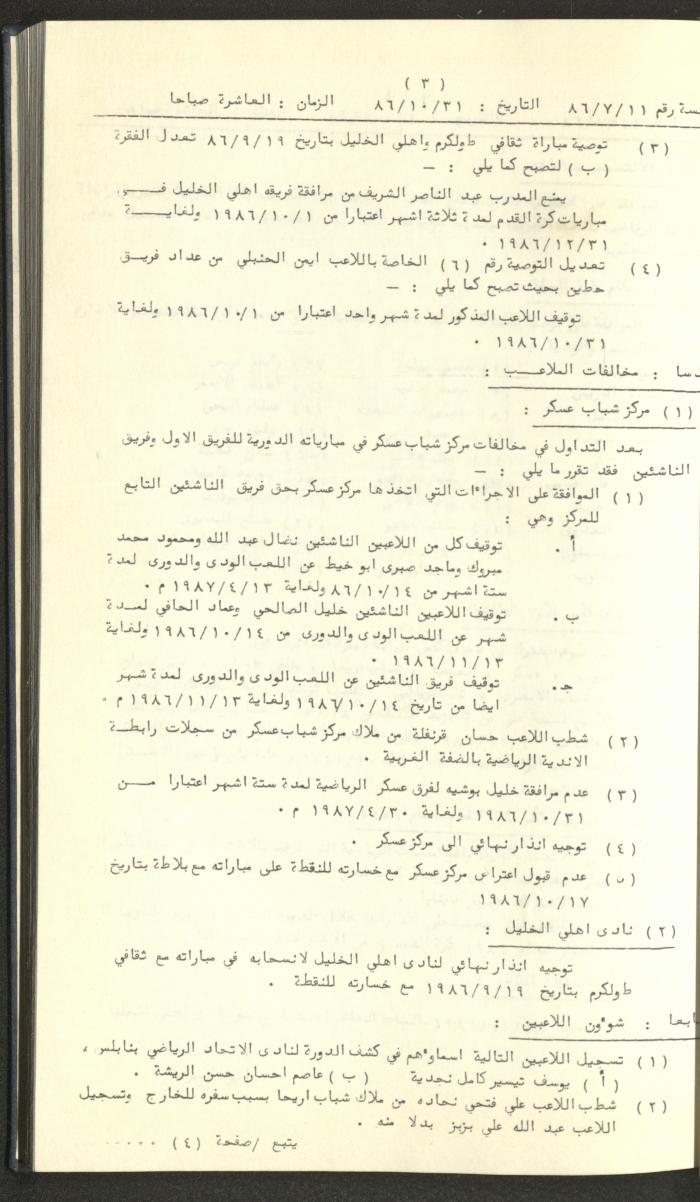 كتاب رابطة الأندية الرياضية في الضفة الغربية، 1984-1987