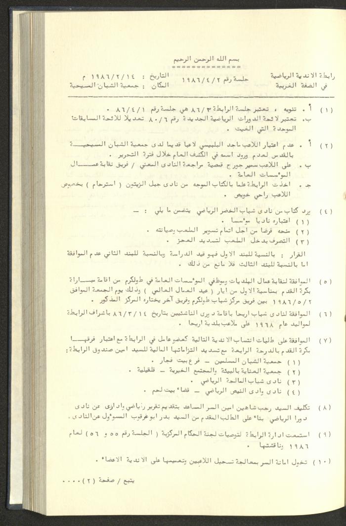 كتاب رابطة الأندية الرياضية في الضفة الغربية، 1984-1987